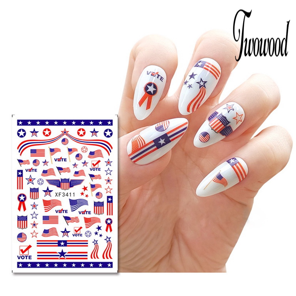 Twowood Stiker Kuku Ultra Tipis Motif Bendera Amerika / National Day Untuk Nail Art