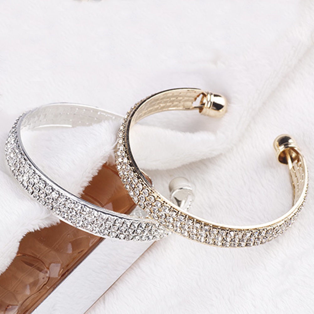 Hu Hu Hu Hu Hu Alat Bantu Pasang Kacamata♡ Gelang Bangle Open Hias 3 Baris Berlian Imitasi Untuk Pengantin Wanita