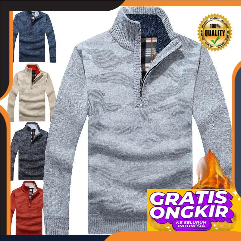 Pria Leisure Pullover Setengah Ritsleting Sweter Fleece Jaket Pria Rajutan Kaos Trendi Kerah Berdiri