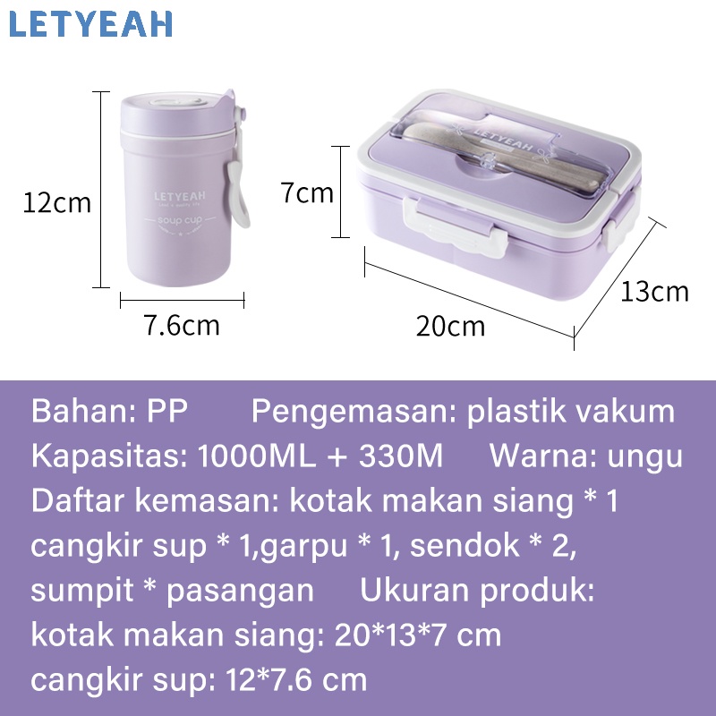 letyeah Lunch box set tas bekal /1000ml tempat makan kotak Makan dan 330ml cangkir sup