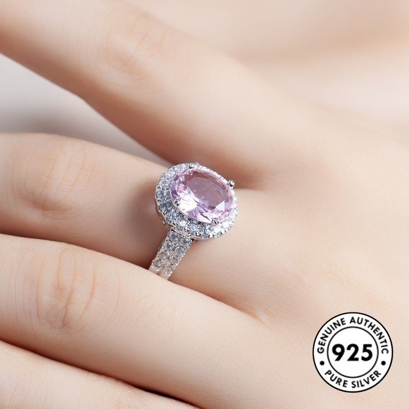 Cincin S925 Silver Hias Kristal Berlian Warna Pink