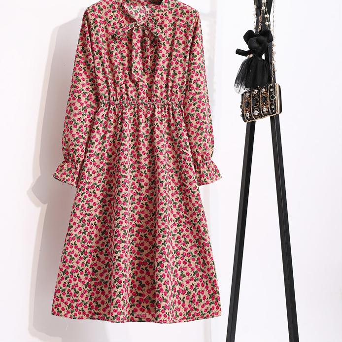 Best Bebovizi Midi dress korea Lengan Panjang Wanita Motif Bunga Model / Vintage / Casual Bahan Sifo