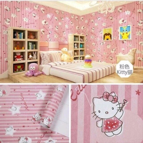 Wallpaper Sticker Dinding Hello Kitty Bintang Garis Ukuran Panjang 10Meter x Lebar 45CM