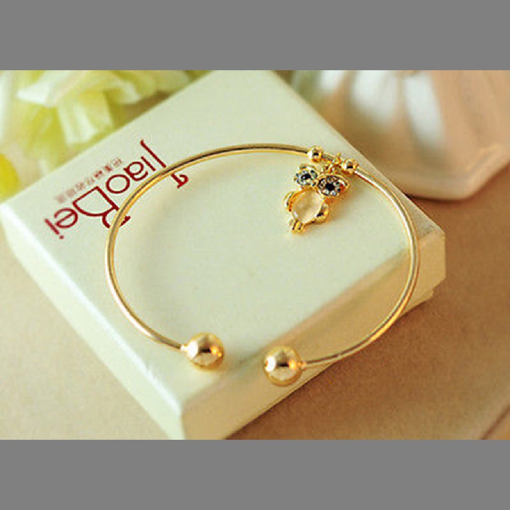 Newbaby Gelang Bangle Cuff Desain Burung Hantu Hias Berlian Imitasi Warna Silver / Gold Untuk Wanita