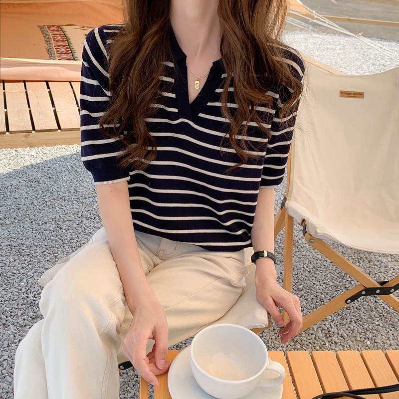 XIAOZHAINV Korean Style Kaos Knit Crop Top Stripe Baju Tunik Atasan Wanita