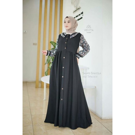 Gamis Polos Kombinasi bunga/ willona dress/ Gamis Bunga Kecil/ Gamis Syakila / gamis ld 110