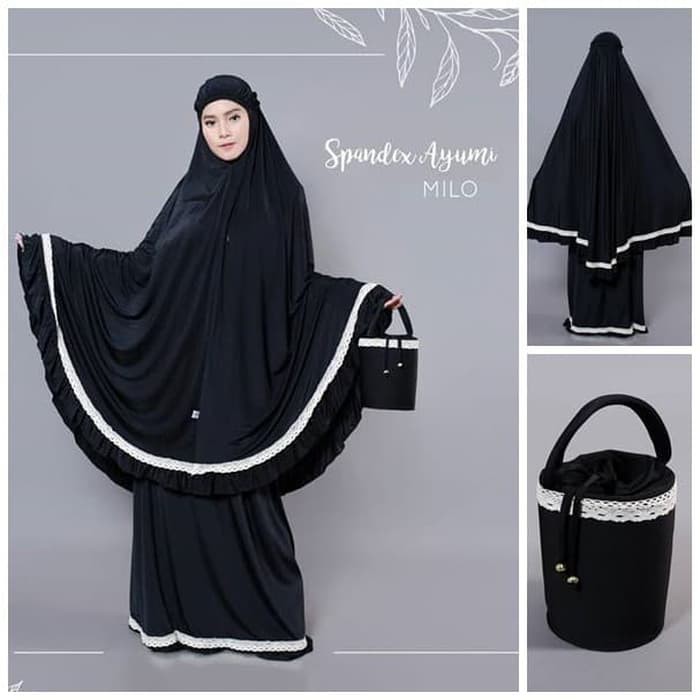 PROMO Mukena spandek AYUMI - Mukena dewasa hitam jumbo cantik dihiasi renda kecil cantik TJA
