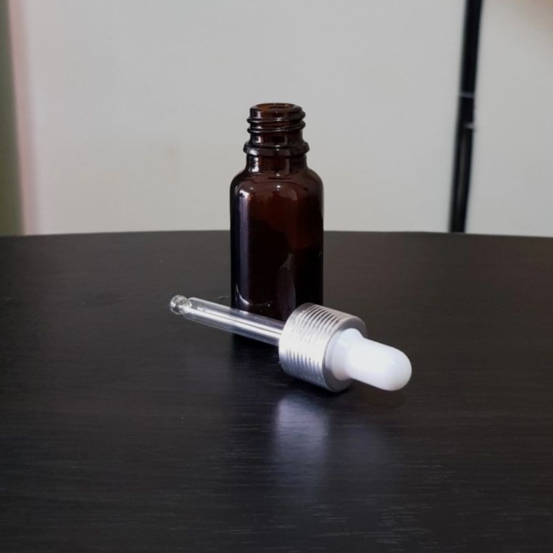 botol kaca pipet 20ml coklat / amber tebal - ring almunium silver bergaris