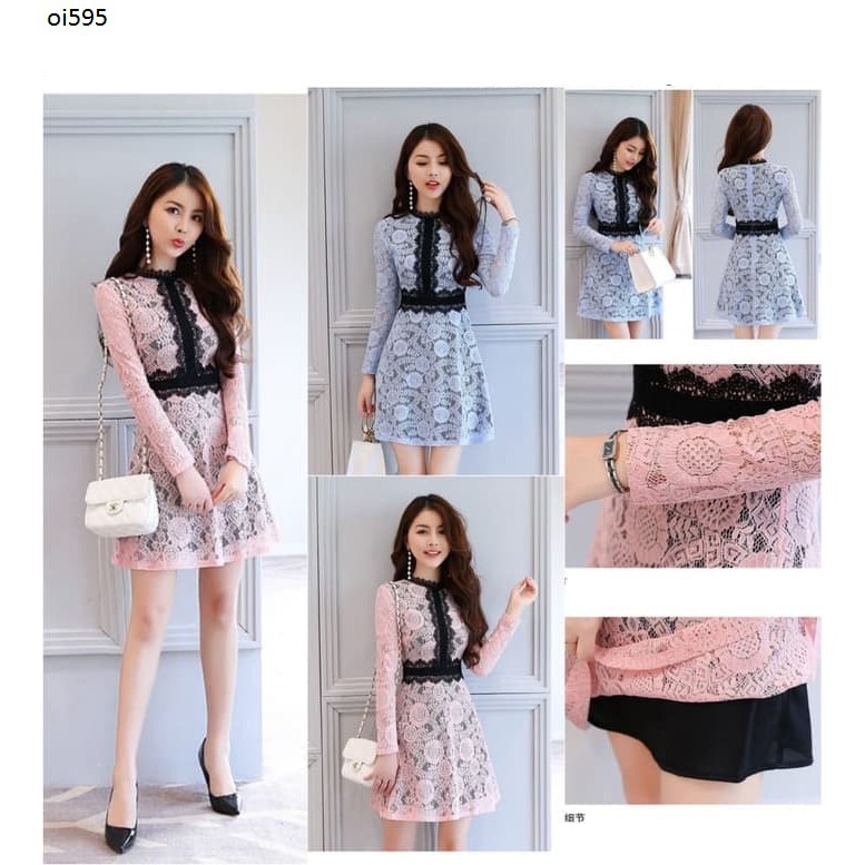 oi595- baju terusan wanita dress import baju pesta brokat blue-pink