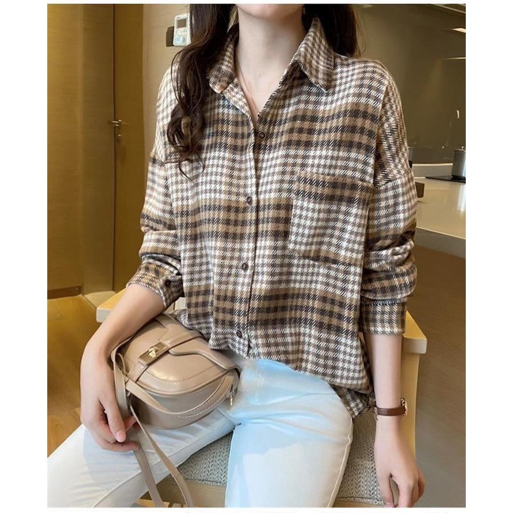 Kemeja Tartan Oversize Wanita Lengan Panjang Kekinian Oversize Shirt Flane Kotak Kotak