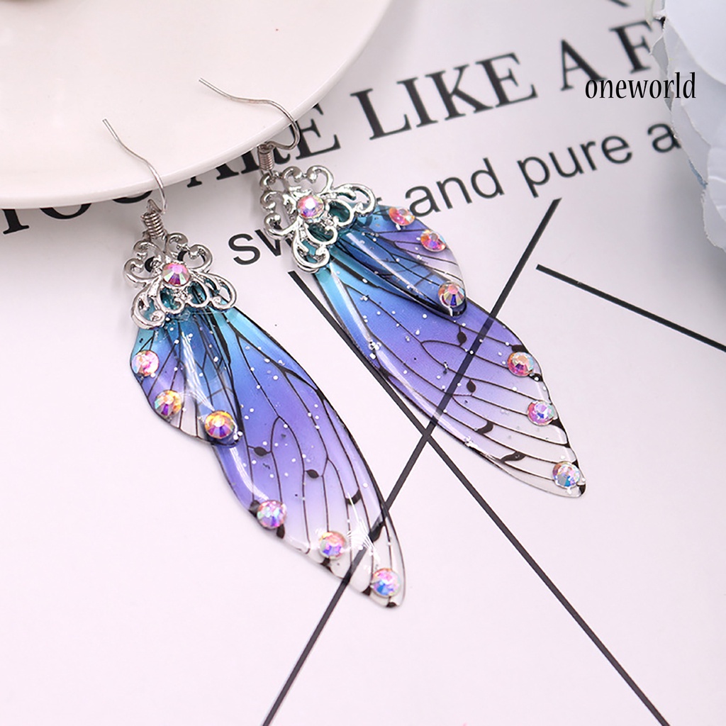 OW# Colorful Butterflies Wing Shape Drop Earrings Women Simulation Rhinestone Dangle Hook Earrings Jewelry Accessory