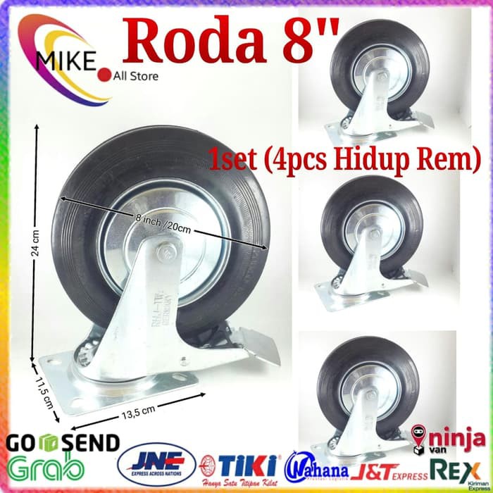 Roda Troli 8" 1set(4pcs Hrem) Roda Karet 8inchi etalase 8 inch Troly