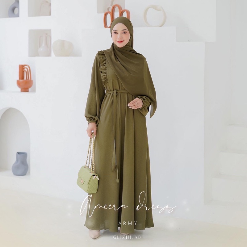 GlizHijab | Ameena Dress | Gamis Remaja Muslimah Terbaru Fashion Wanita Gamis Cringkle Ukuran XS - JUMBO-Hijau Tua
