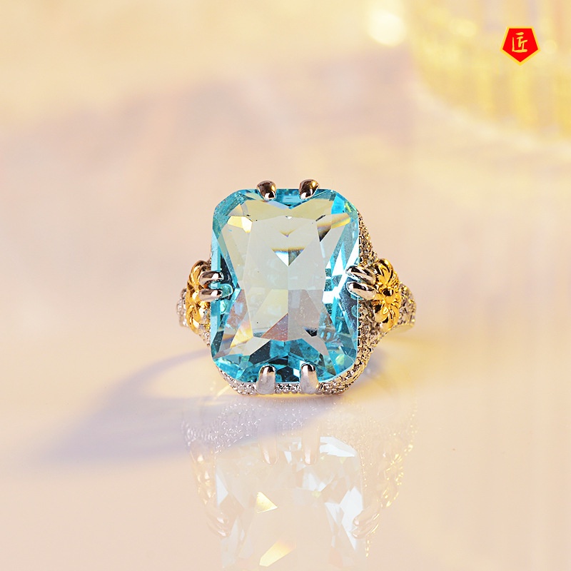 [Ready Stock]Elegant Blue Rhinestone Ring Women's Gold Color Separation Flower Ornament