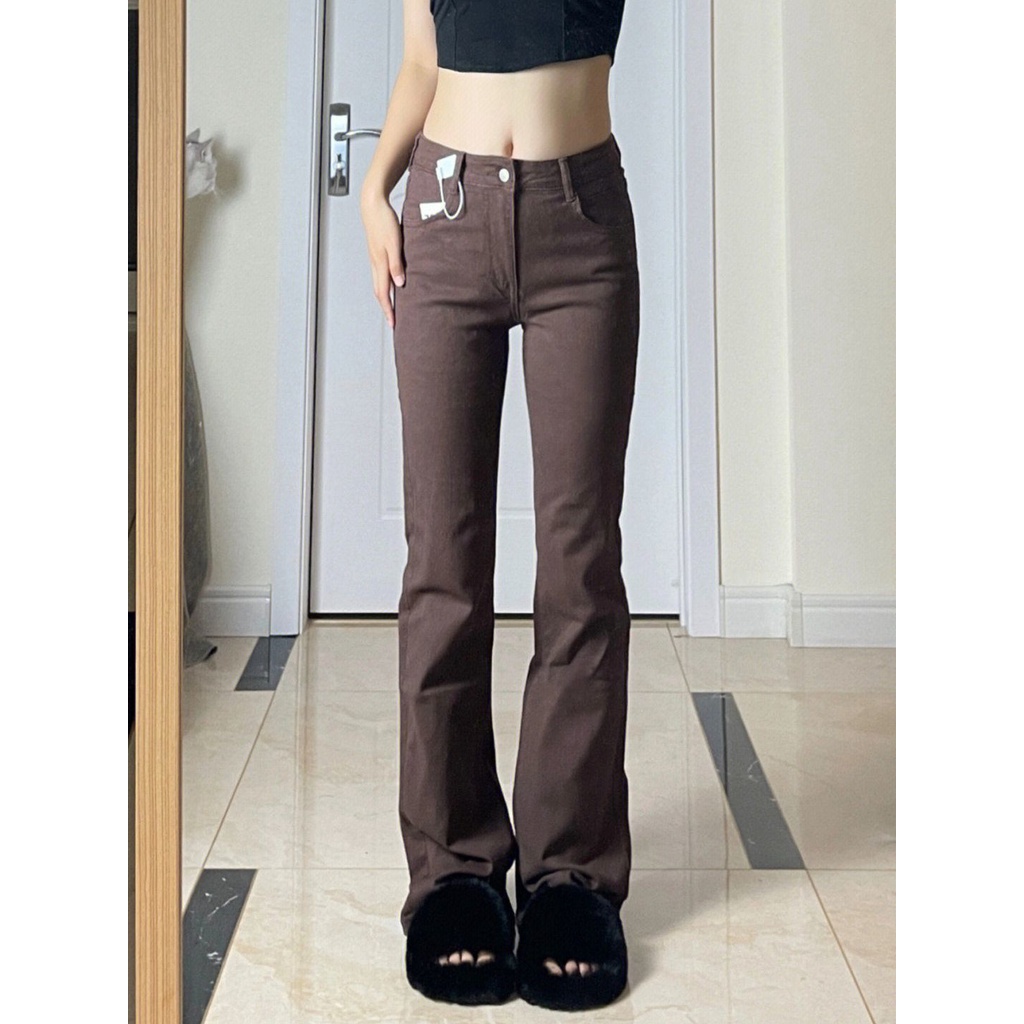 Cokelat skinny high waist cutbray celana jeans panjang wanita