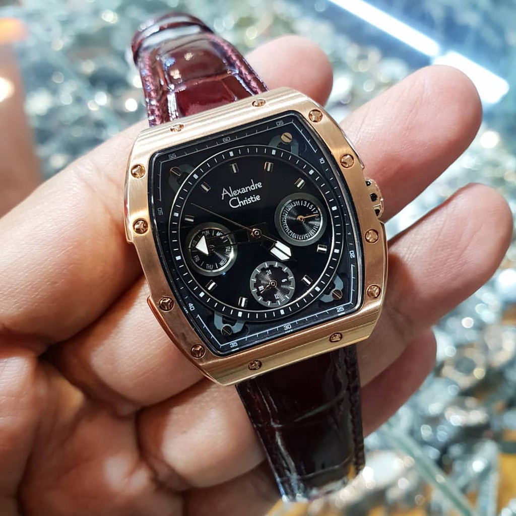 New alexandre christie ac6411 original Tali kulit coklat rosegold jam wanita