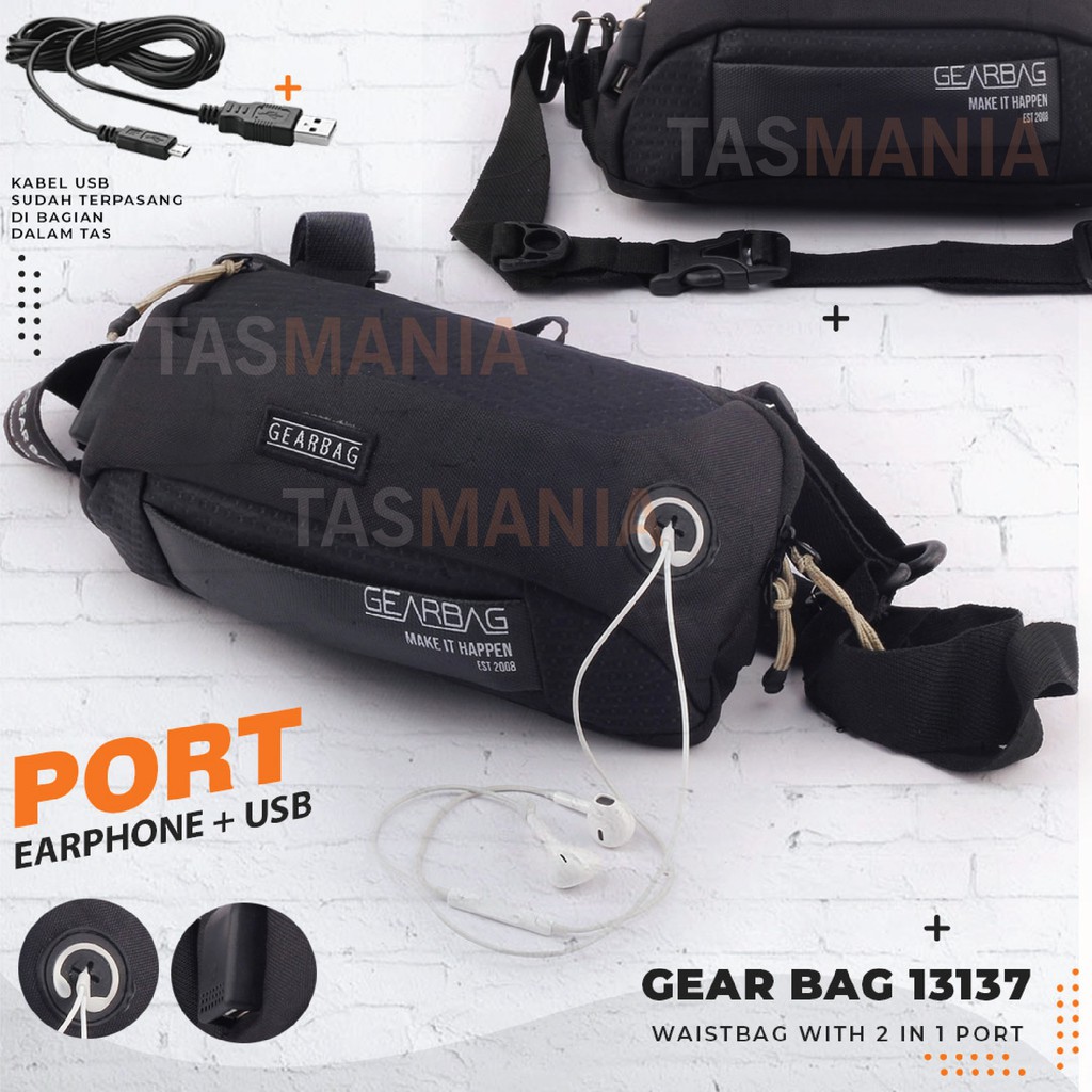 PTS -2 IN 1 PORT - Gear Bag MAKE IT HAPPEN Port -13137 - WITH EARPHONE HOLE + USB  Waistbag Pria Trendy