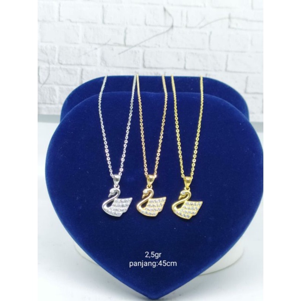 KALUNG PERAK ASLI SILVER 925 LAPIS EMAS/KALUNG RANTAI NORI VENSY KECIL+LIONTIN SWAN MATA PUTIH/ASLI SILVER/FASHION WANITA