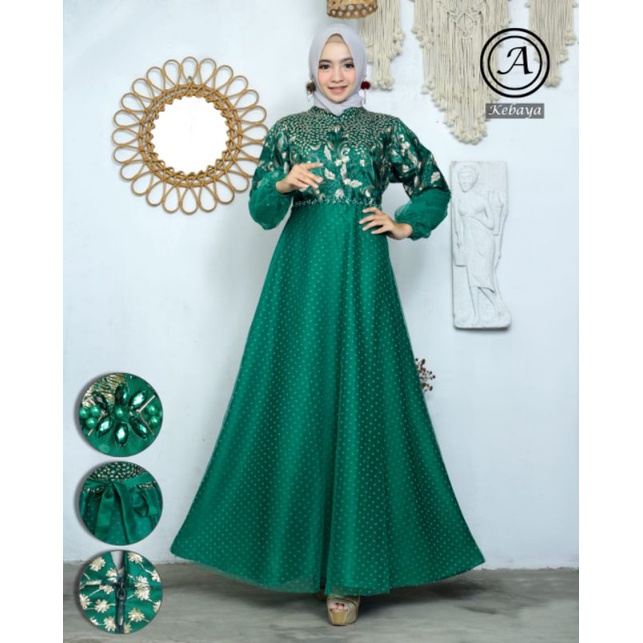New Arrival Gamis pesta/ Gamis pesta Dotty/ Gamis Hijau Botol/ Dress Hijau Botol/ Baju pesta