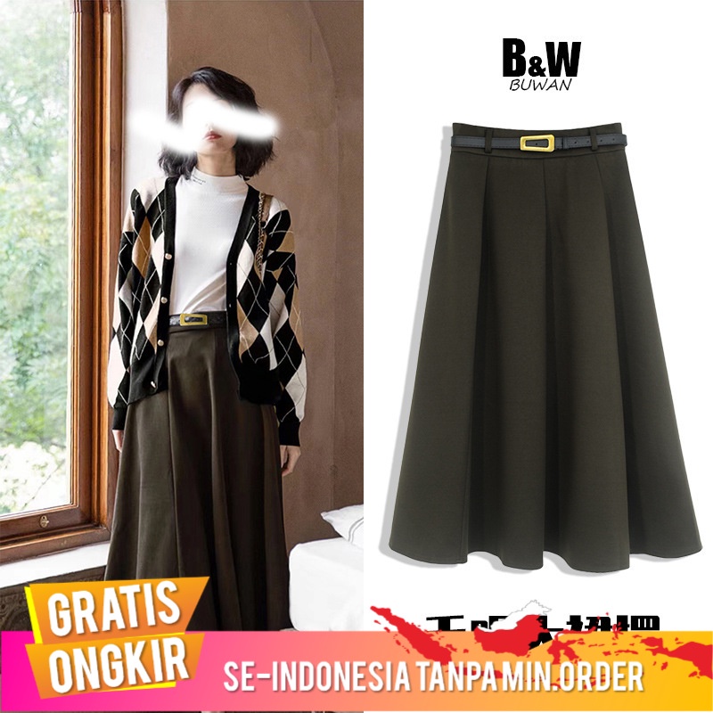 Pakaian Wanita Rok Wanita Kotak Lipit Wol Rok Wanita 2021     Warna Solid Rok Lipit Panjang  Sabuk s