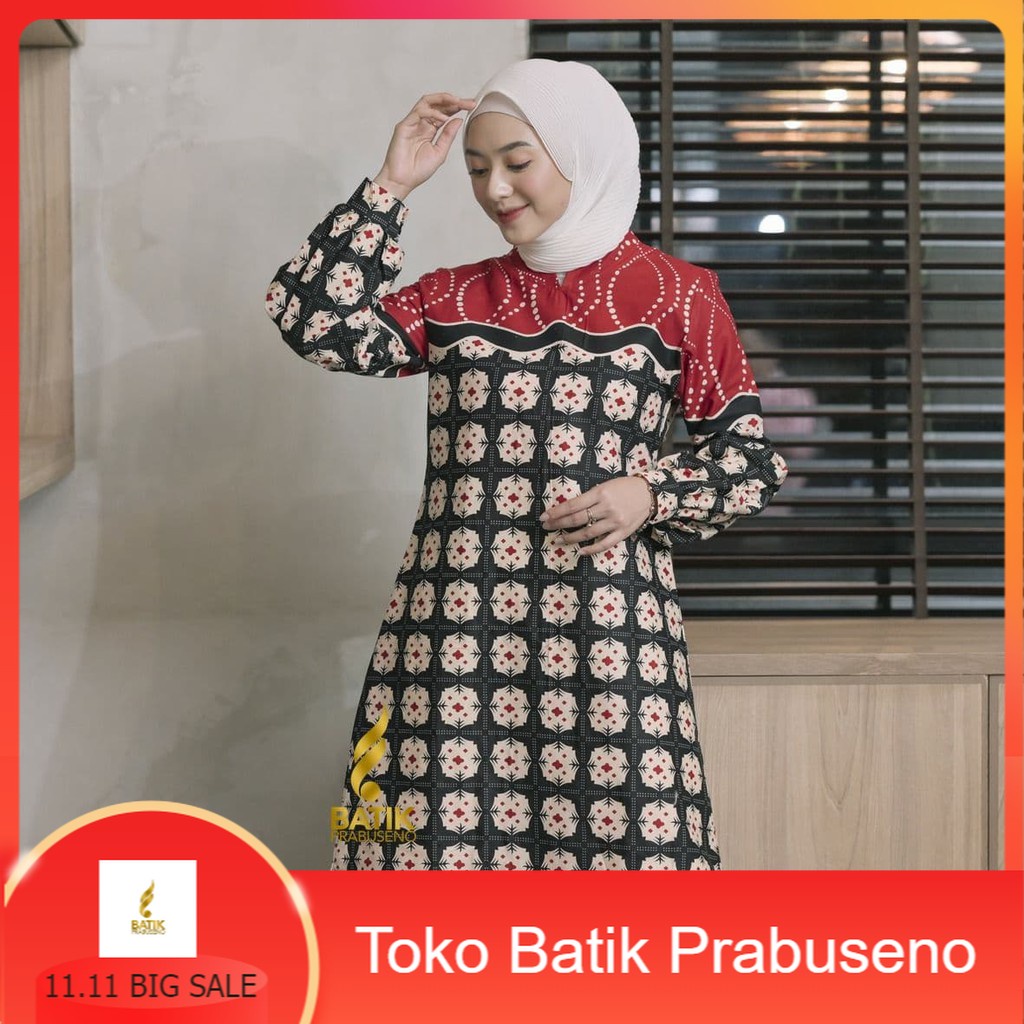 Tunik Motif Ratih Atasan Baju Batik Wanita Lengan Panjang Original Prabuseno Modern Premium Jumbo Bi
