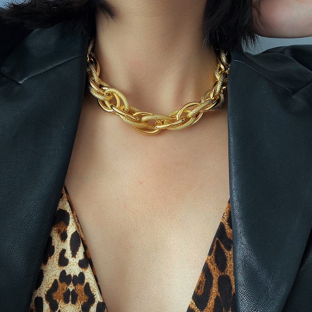 Unisex Hip-hop Punk Necklace Exaggerated  Female Street Shot Threaded Big golden chain Necklace