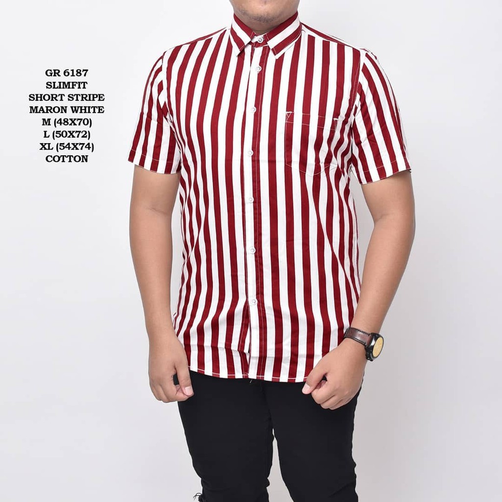 KEMEJA PRIA CASUAL MOTIF GARIS MAROON WHITE