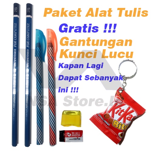 

Paket Perlengkapan Alat Tulis SeKolah - 2 Pensil 2 Pulpen Penghapus Rautan - Gratis Gantungan Kunci