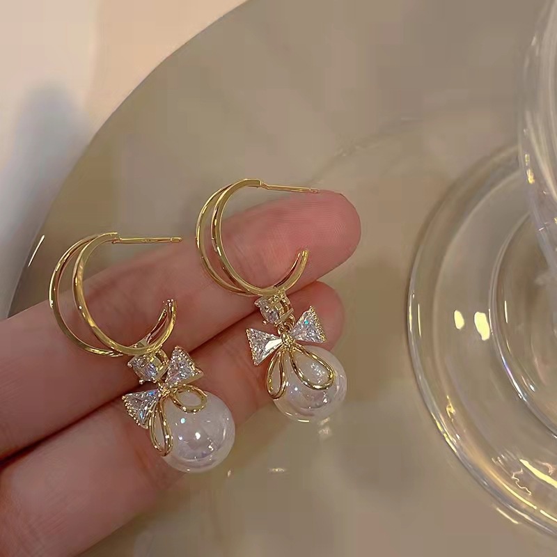 Anting Tusuk Sterling Silver 925 Desain Pita Hias Mutiara + Berlian Untuk Wanita ACKER