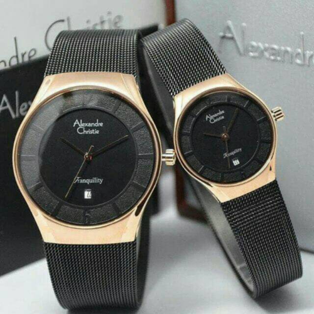 Jam tangan alexandre christie couple original rantai pasir rosgold black