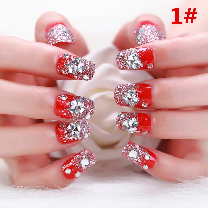 【COD】FLID 24Pcs Kuku Palsu French Nail Art Akrilik Kristal Berlian Imitasi Warna Merah