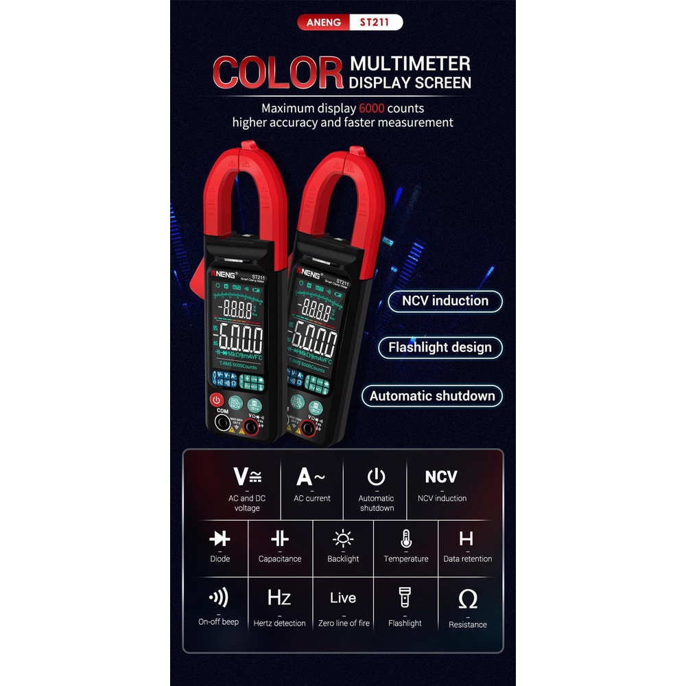 Solighter Digital Clamp Meter Data Show 6000hitan Layar Warna Besar Ampli Mobil Hz NCV Ohm Test Ammeter