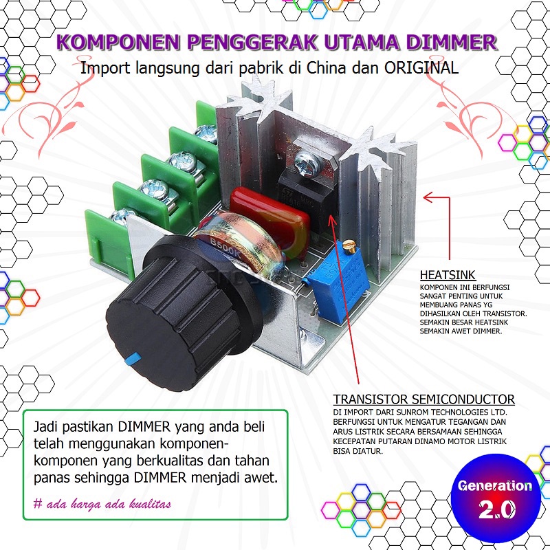 Dimmer SCR 2000w Pengatur Kecepatan Gerinda Stop Kontak 2 Lubang Kabel 3 mtr