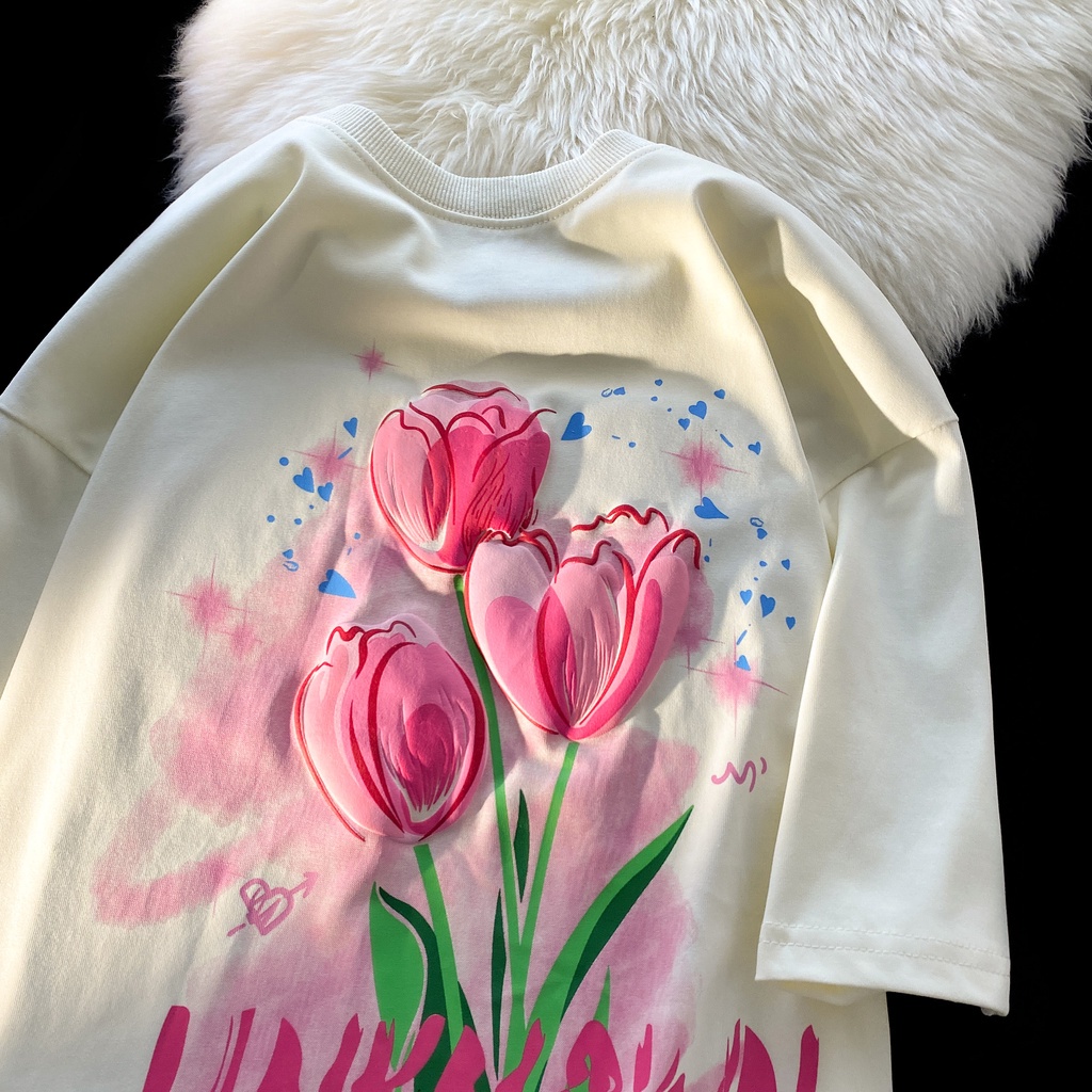 XIAOZHAINV Korean Style Tulip Pattern Washed Printing Kaos Wanita A0220