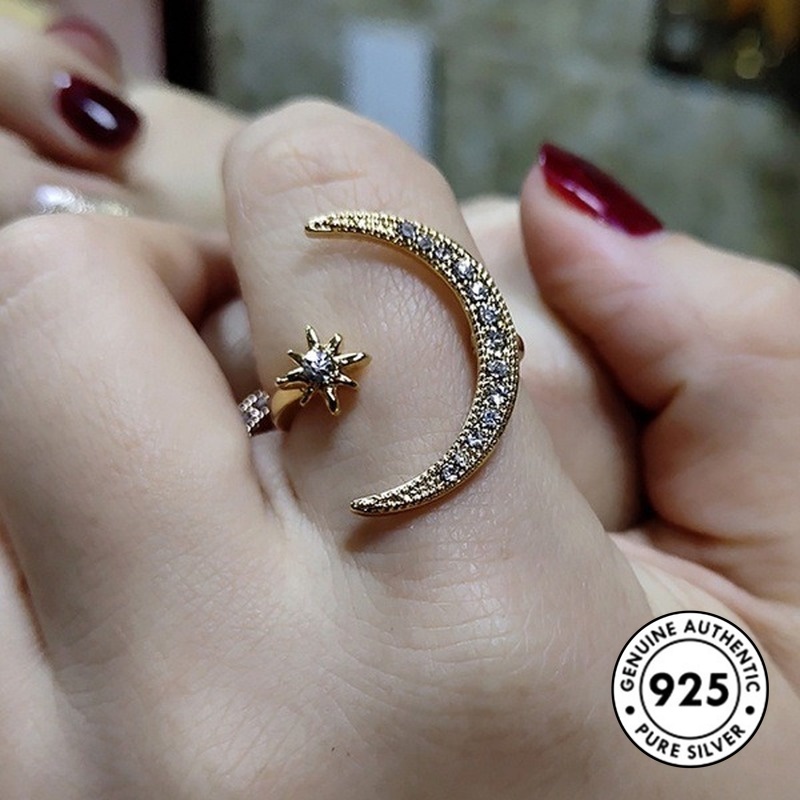 Cincin Desain Bulan Bintang Bahan S925 Silver Gaya Elegan