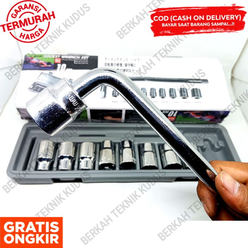 kunci Shok bengkel motor 10 pcs Size 8 - 24 mm / kunci sok gagang L panjang / kunci shok Gagang krek panjang / kunci pas shock socket set  original-2