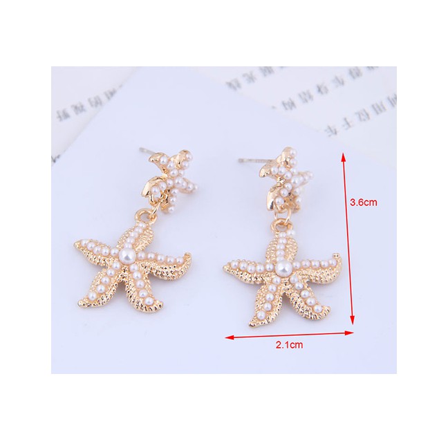 LRC Anting Tusuk Fashion Gold Metal Starfish Pearl Earrings A58853