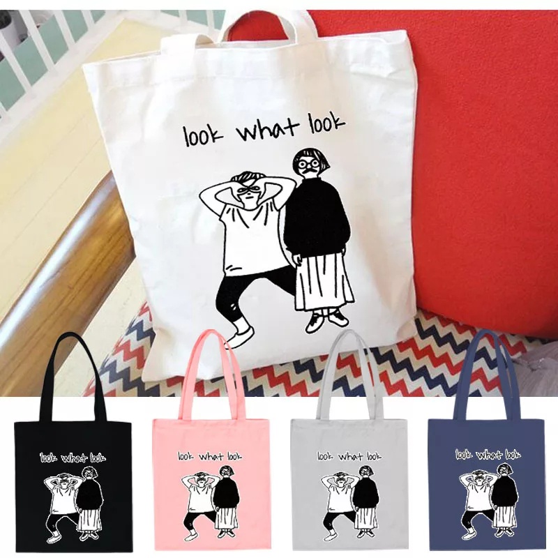 Twenty Bag - Tas Tote Bag Wanita Non Resleting Terbaru 2021 Aesthetic Kekinian Motif Carakter LOOK WHAT LOOK Korea Style Multifungsi