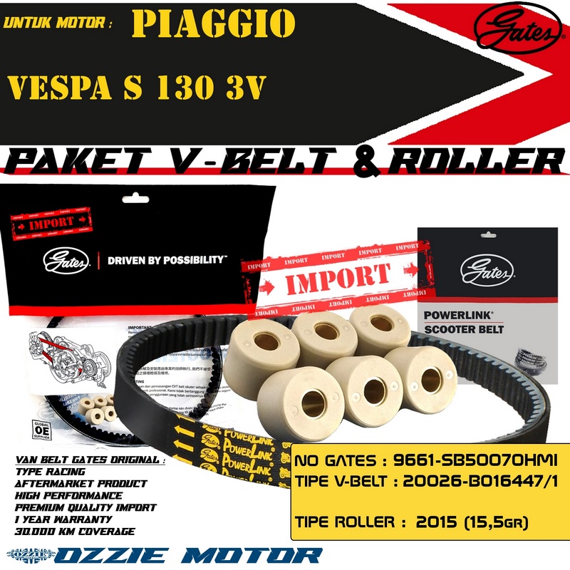 VAN BELT GATES VANBELT V BELT VBELT V-BELT GATES POWERLINK VESPA S 130 3V SET ROLLER DR PULLEY 15,5GRAM VENBELT RACING 100% ORIGINAL