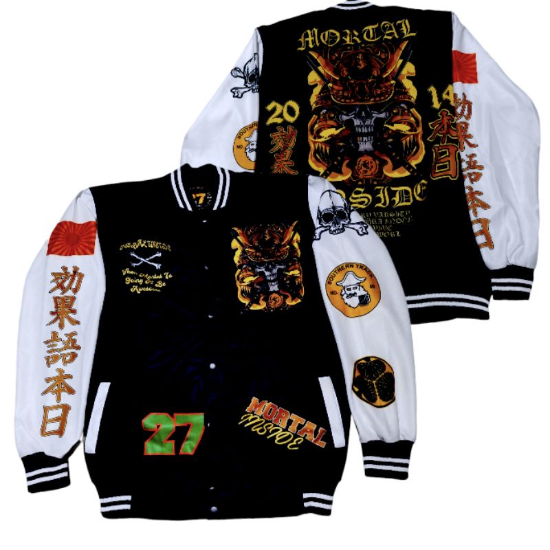 JACKET VARSITY BASEBAAL MOTIP TERBARU PRIA WANITA SAIZE L XL-Mortal tanggan putih