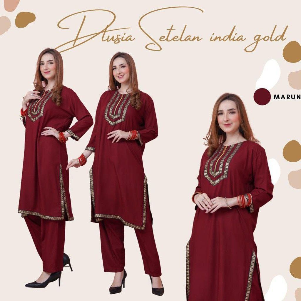 Dlusia India One Set Wanita Tunik Renda Jumbo Rayon Premium Setelan Wanita Lengan Pendek Set Baju Muslim Kekinian LD  125 cm