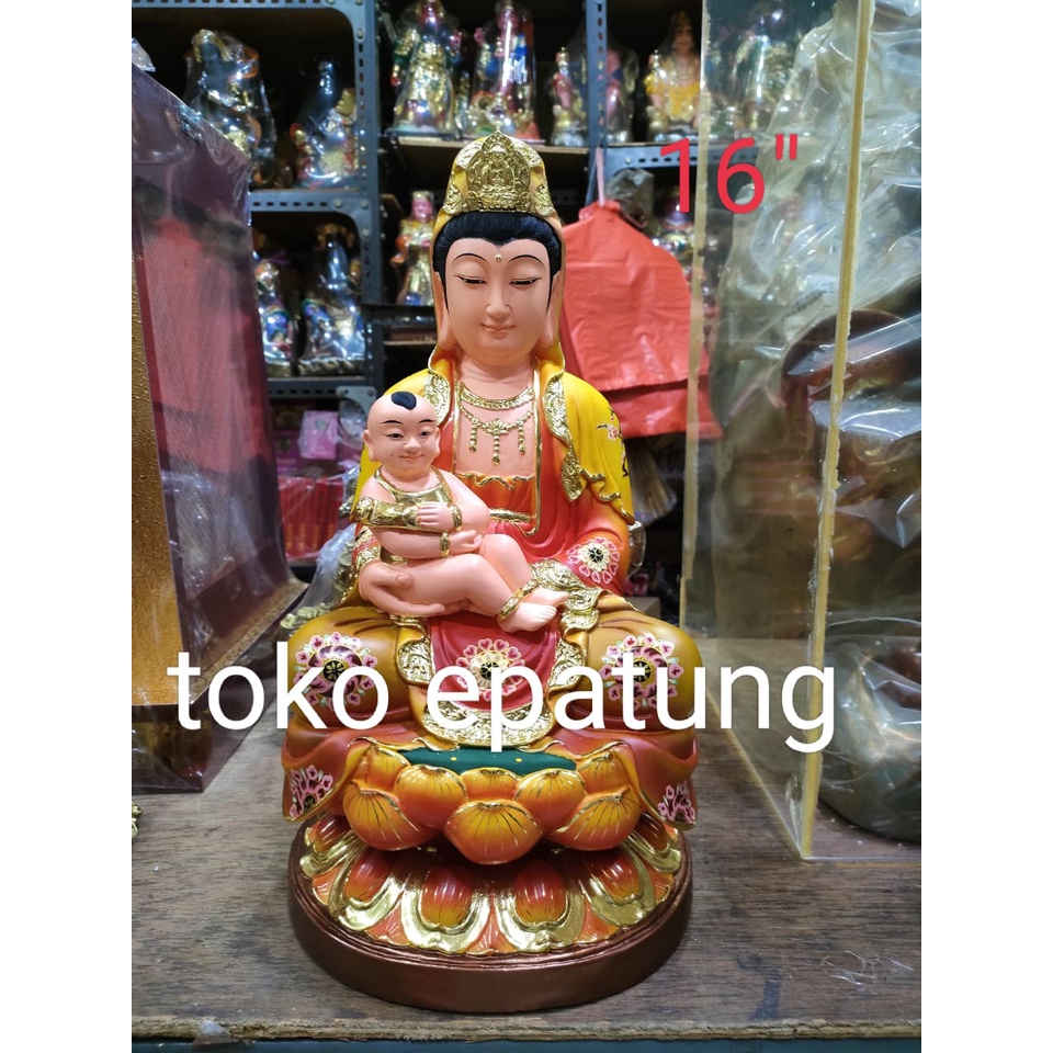 patung dewi kwan im / guan yin / kwan in anak 16 inch - fiber - 1 anak