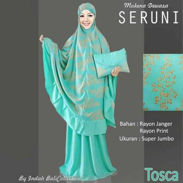 Mukena Wanita Muslim Seruni Untuk Solat Motif Bunga Warna Biru Tosca