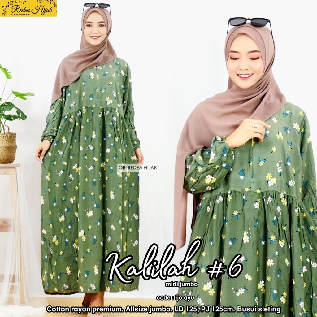 Kalilah Gamis Midi Dress Premium Jumbo Ld125 Fit To XXL Catton Rayon Motif Sleting Depan Busui Kalil