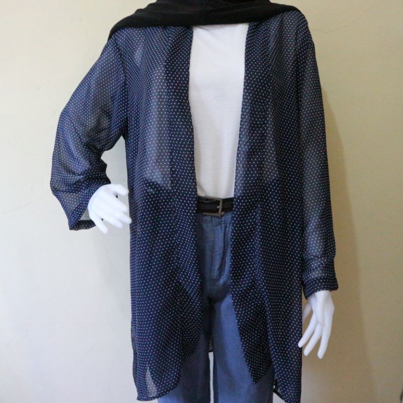 LONG OUTER CARDIGAN PANJANG POLKADOT NAVY SIMPEL KODE 1F