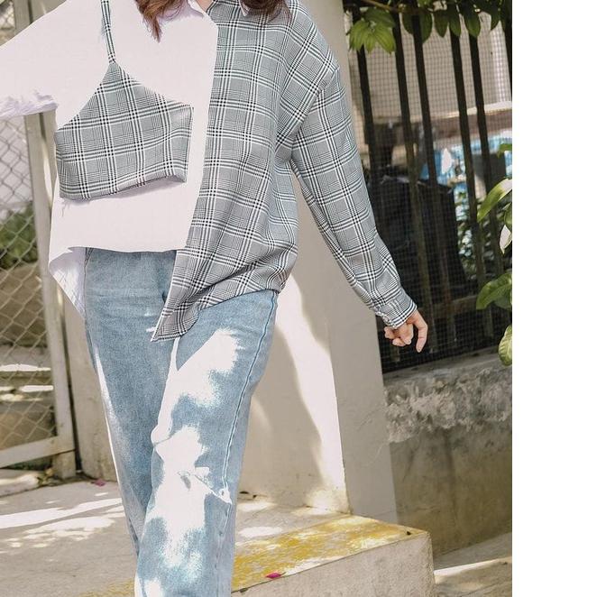 ➴ - Tartan Blouse Atasan Top Kemeja Combi Flanel Fashion Baju Wanita Remaja ootd Korean Style ♥