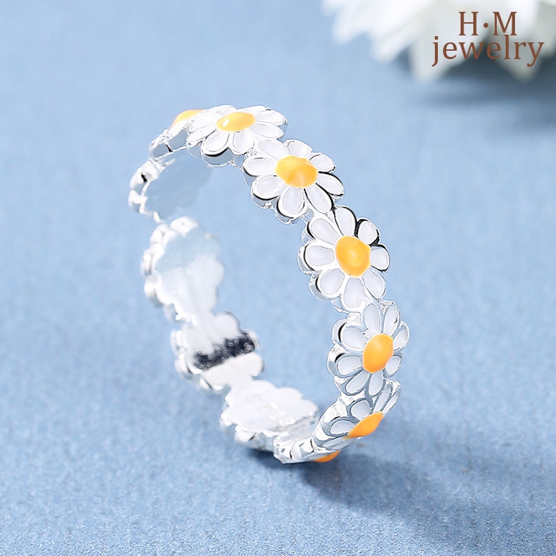 Cincin Desain Bunga Daisy Putih Bahan S925 Silver