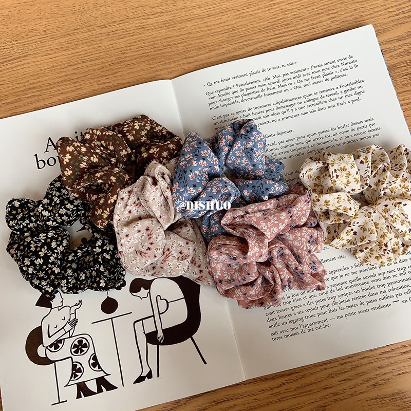 SCRUNCHIE SUMMER KAIN MOTIF BUNGA RETRO SCRUNCHIES WARNA POLOS COTTON BIG BESAR IKAT KARET RAMBUT AKSESORIS ELEGAN KOREA HAIR TIES FLOWER PATTERN RIBBON ACCESSORIES