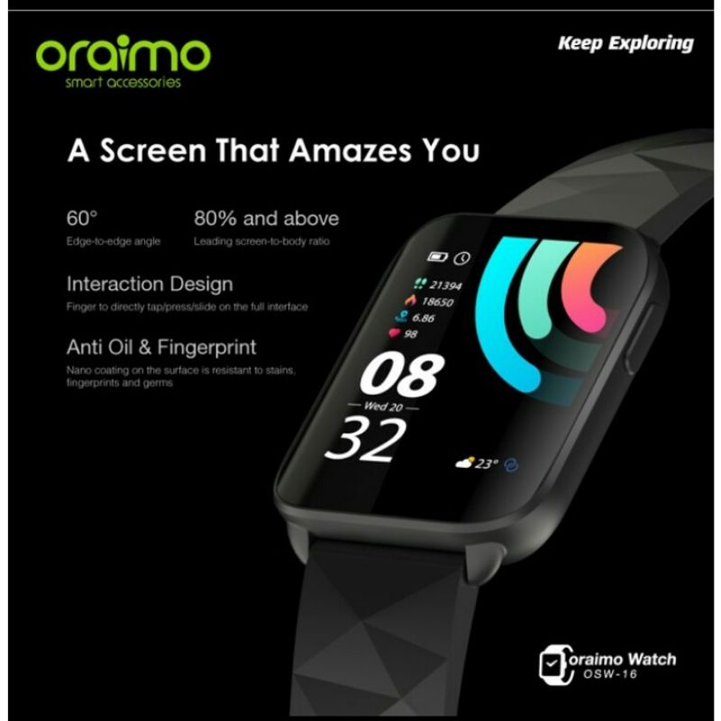 Oraimo Smart Watch Jam Tangan Pintar IPS Full Touch Screen Ultra Slim Tipe OSW-16 (vroffstore)