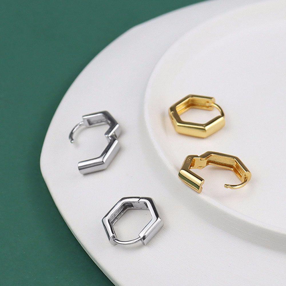 Anting Hoop Hexagonal Agustina Kesederhanaan Baru Warna Emas Mengkilap Pejantan Telinga Poligon Geometris